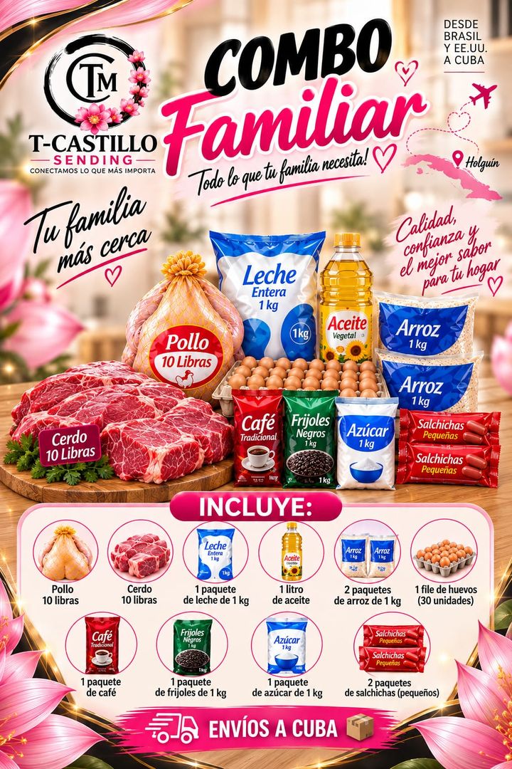 Combo Familiar Completo: pollo, cerdo, leche, aceite, arroz, huevos, café, frijoles, azúcar y salchichas