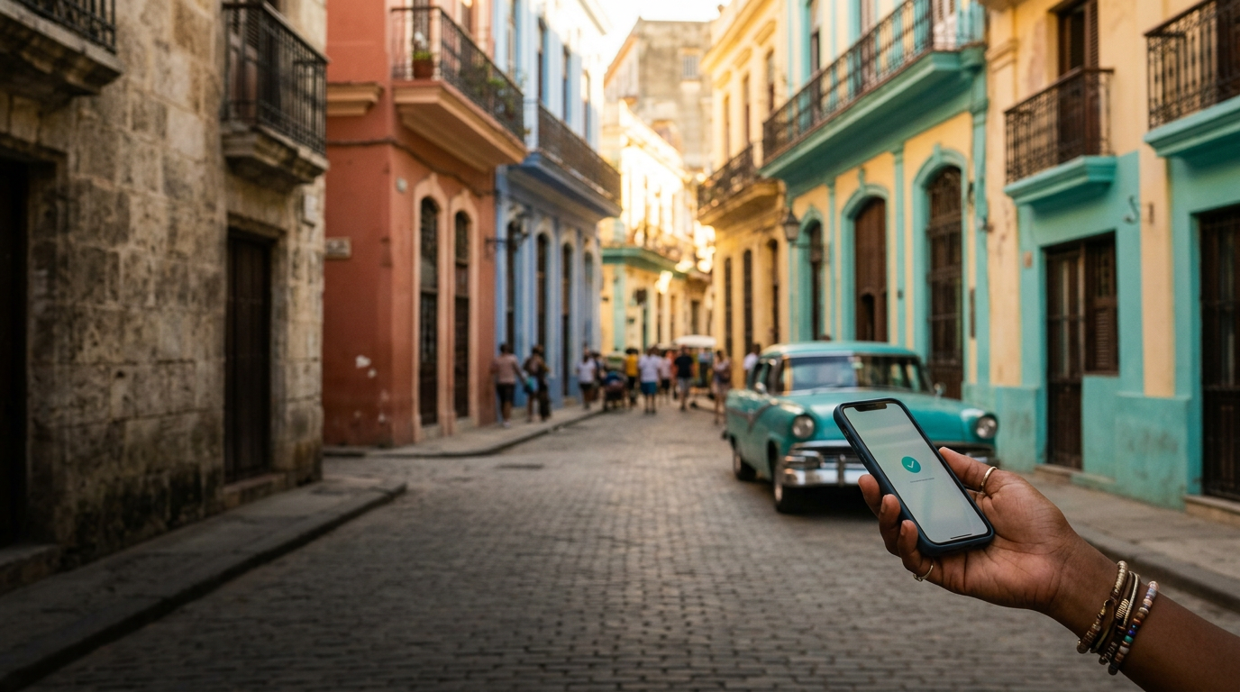 Mano con un teléfono en una calle colorida de La Habana